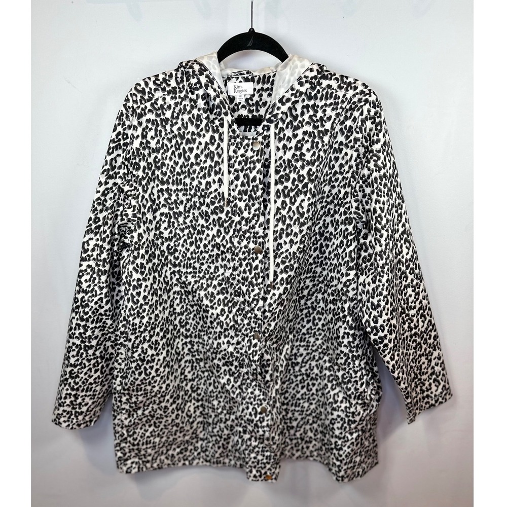 Kim Rogers Leopard Print Hooded Rain Jacket Women's 1X White Black Lightweight